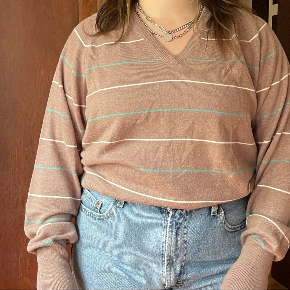 VTG 70s / 80s Tan V-Neck Sweater with Teal and White Stripes